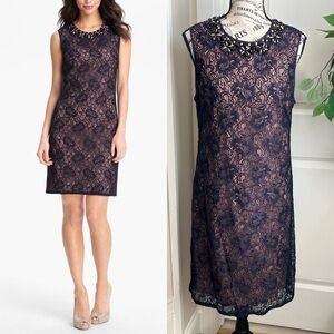 Adrianna Papell Lace Beaded Sleeveless Cocktail Dress Navy Pink Sz 10